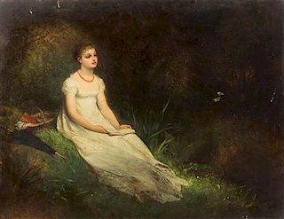 * Edouard Jean Conrad Hamman, (Belgian, 1819–1888), Woman Reading Book in Wooden Landscape