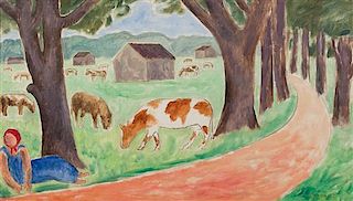 Abraham Walkowitz, (American, 1878-1965), Landscape with Road and Cow