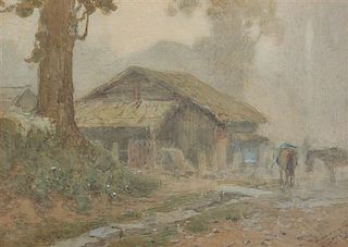 Hachiro Nakagawa, (Japanese, 1877-1922), Village with Horses
