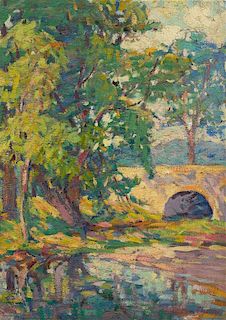 Kathryn E. Bard Cherry, (American, 1880-1931), Tree Lined Stream