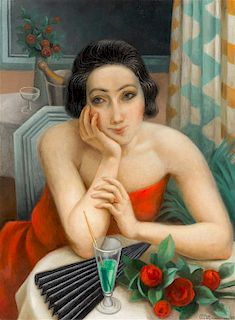 Jean Metzinger, (French, 1883-1956), La jeune femme pensive aux roses rouges (Dame assie aux roses rouges), 1923
