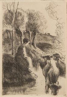 Camille Pissarro, (French, 1830-1903), Vachere au bord de l'eau, 1890