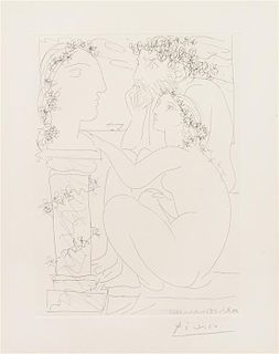 Pablo Picasso, (Spanish, 1881-1973), Sculpteur et modele admirant une tete sculptee, from La Suite Vollard, 1933
