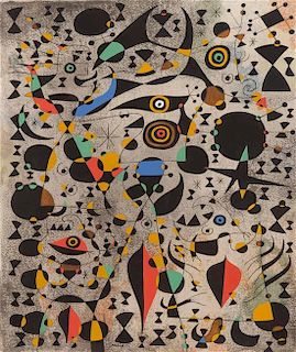 After Joan Miro, (Spanish, 1893-1983), Femmes encerclees par le vol d’un oiseau (plate 16 from the Constellations Suite), 1959