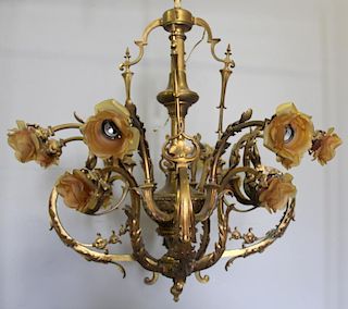 Bronze Chandelier with Frosted Glass Rose Form