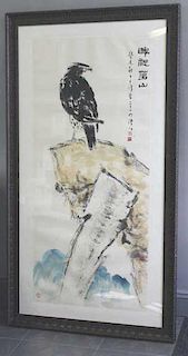 Large Framed Chinese Watercolor of a Hawk or Eagle