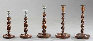 Group of Five English Carved Oak Rope Twist Candle