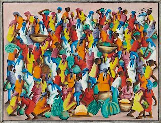 Felix Jean, "Haitian Market Scene," 20th c., oil o