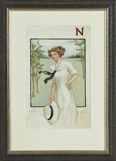 "N," rare art nouveau colored print, 1909, publish
