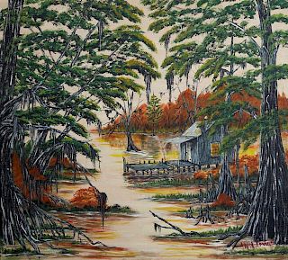 Ann Irvine, "Louisiana Swamp Scene," 20th c., oil