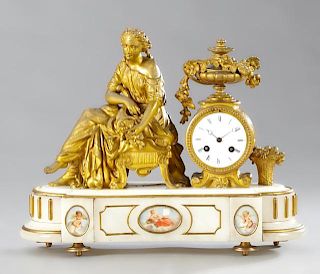 Gilt Spelter and Alabaster Figural Mantel Clock, 1