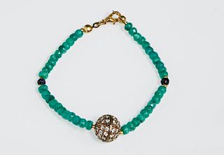 Designer Emerald and Onyx Bead Bracelet, L.- 6 3/4