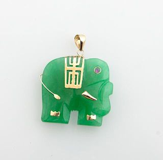 14K Yellow Gold Carved Jade Elephant Pendant, with