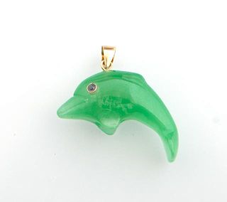 14K Yellow Gold and Carved Jade Dolphin Pendant, m