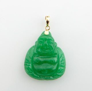 14K Yellow Gold Carved Jade Buddha Pendant, with a
