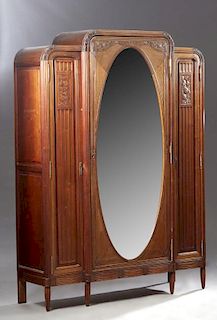 French Art Deco Carved Mahogany Triple Door Armoir