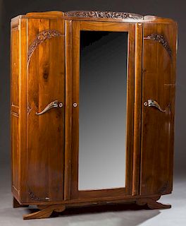 French Art Deco Carved Walnut Triple Door Armoire,