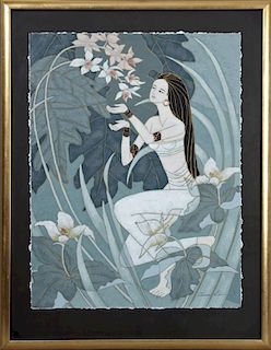 James Lee, "Woman in the Garden," 20th c., waterco