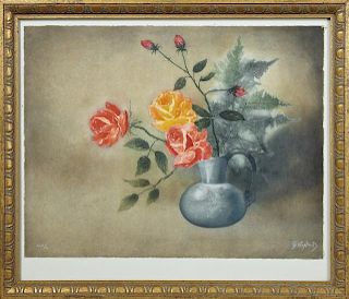P. Captain, "Still Life of Roses in a Blue Pitcher
