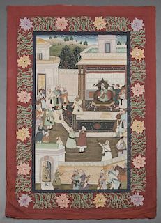 Indian School, "Court Scene," 20th c., oil on silk