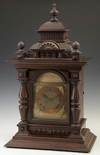 English Carved Mahogany Bracket Clock, 19th c., th