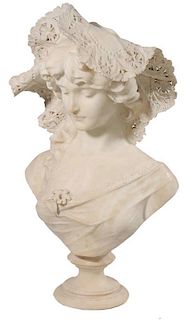 (Italian, 19th/20th century) Beauty with Lace-trimmed Hat, signed on truncation "A. Cipriani", carved alabaster on round socle, 26-1/2 in., minor smal