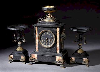 Three Piece French Black and Rouge Marble Clock Se