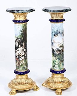 Pair of Italian Hand Painted Marble Top Pedestals