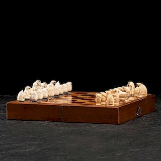 Alaskan Eskimo Walrus Ivory Chess Set with Case