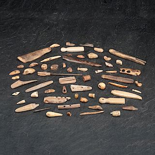 Collection of Alaskan Eskimo Bone and Walrus Ivory Tools and Gaming Pieces