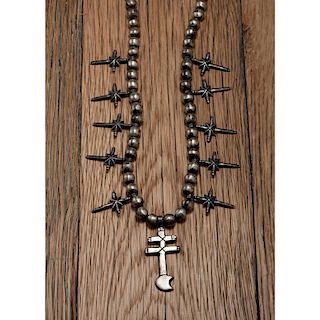 Pueblo Silver Bead Necklace with Tufa-Cast Crosses