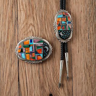 Frank Yellowhorse (Dine, 20th century) Inlaid Sterling Silver Bolo Tie and Buckle Set with Night Scene