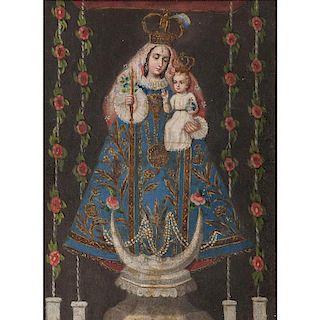 Spanish Colonial Our Lady of Pomata, Oil on Canvas From an Arizona Collector