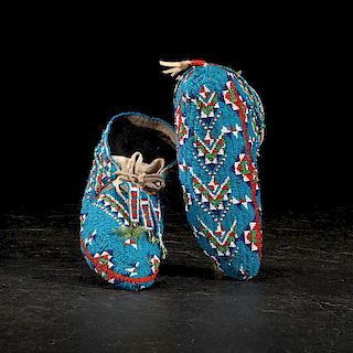 Sioux Fully Beaded and Quilled Hide Moccasins from a Minnesota Collection
