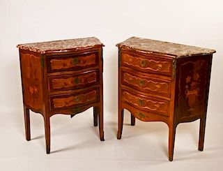 PAIR OF MARQUETRY INLAID BOMBE SHAPED COMMODES