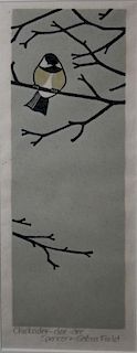 Sabra Field (VT 1935-) Chicka dee dee dee woodblock/serigraph on paper 12 x 5" artist signed