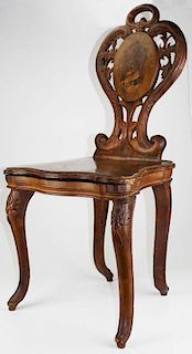 late 19th c German Black Forest carved & parquetry inlaid music box chair, inlaid hunting scenes on back & seat, paper label
