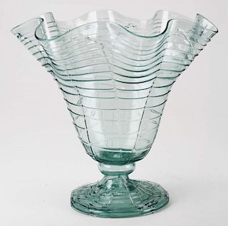 large mid-century Venetian aqua colored hand blown ruffled footed vase with applied ribbed decoration