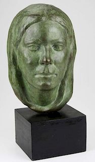 late 20th century bronze female bust signed JGS (Janet G Schroeder West Brattleboro, VT), ht 11”, overall ht 15”
