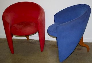 Ico Parisi style midcentury style club chairs in blue and red microsuede circa 1990
