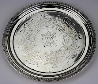 1830-31 Birmingham sterling silver round salver with greek key border and early Victorian engraved decoration 9.25" dia 12.4