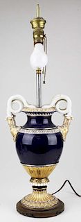 Meissen cobalt blue and gilt porcelain urn form vase with scrolled snake handles converted to table lamp -vase 15" x 9"