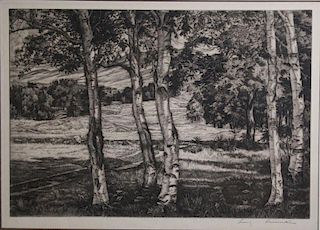 Luigi Luicioni (VT 1900-1988) Five birches engraving 9 x 13" signed lower right