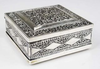 Finely hand repousse all over decorated square Indo-Persian silver box-tests as sterling 13.7 troy oz 2.5" x 4.75" x 4.75"