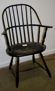 Early 19th c black painted Windsor arm chair, simple turned legs, Northern New England.