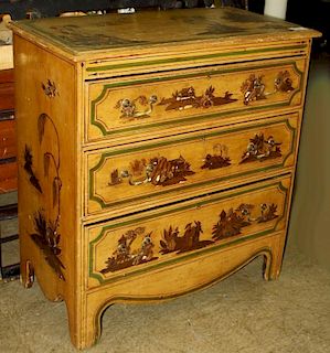 Chinosserie carved and paint decorated 3 drawer cottage chest, yellow ground. 34"w x 38"h.