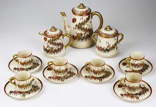 late 19th c Satsuma “47 Ronin” demitasse tea set, 15 pcs, ht of teapot 7”, one teacup repaired