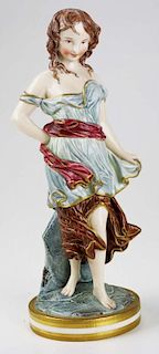 Royal Worcester ca. 1870 "Against the Wind" polychome glaze female figure 11" x 4"-small nick on rear base