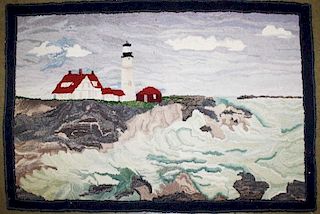 late 19th c hooked rug with New England light house scene, 2' 4” x 3' 7”