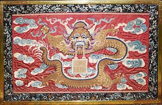 early 20th c Chinese dragon embroidery on silk in gilt frame, 26.5” x 42.5”